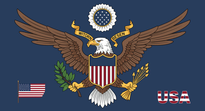 Great Seal of the United States with bald eagle, shield, olive branch, arrows, and American flag on a blue background.