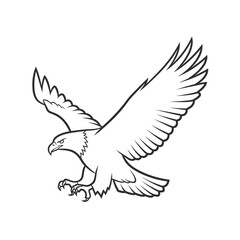 Naklejka premium Line art drawing of a majestic bald eagle in flight with wings spread and talons extended, ready to land or capture prey.