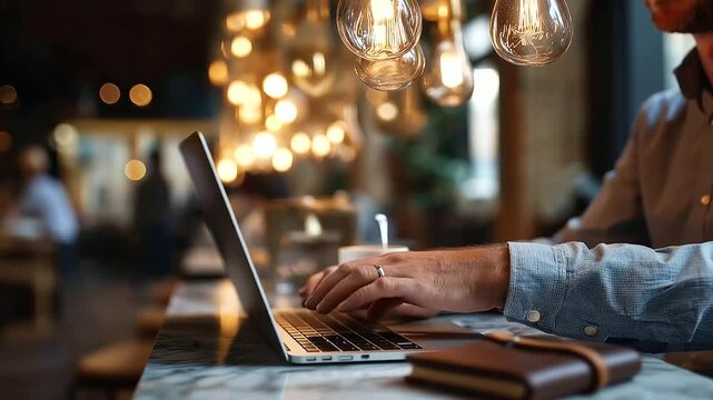 Hands of a man stirring an espresso with a tiny spoon next to an open laptop at a marble top cafe table leather journal and vintage pen case beside defocused warm cafe interior