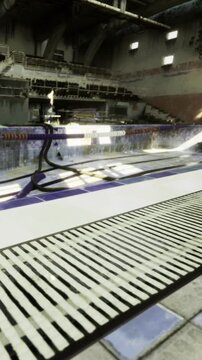 Sunlight spills into a deserted swimming pool, illuminating the tiled walls and still water. Grandstands rise emptily in the background, whispering stories of past competitions and joy.