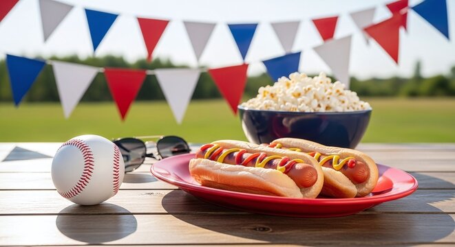 Classic American Baseball Game Day Food with Patriotic Decorations