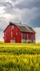 Obraz premium Red Barn Surrounded by Lush Green Fields Under Dramatic Cloudy Sky