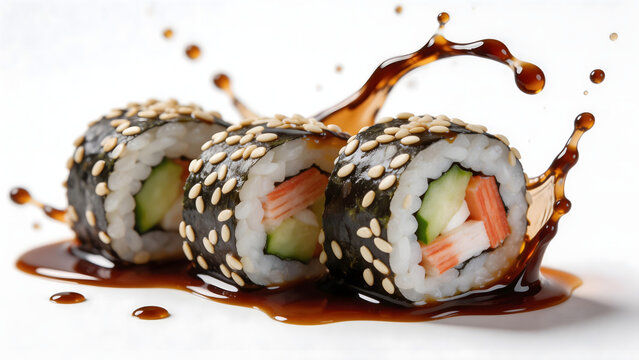 Sushi rolls with soy sauce splash