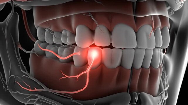 Close-up 3D Illustration of Toothache and Nerve Pain.