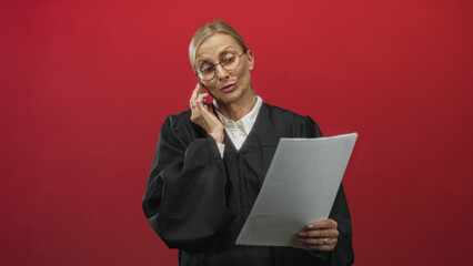 Middle aged blonde woman judge reads a paper while holding a phone to her ear in studio; confident authority.