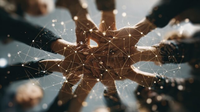 Group of hands stacked together with network connections overlay