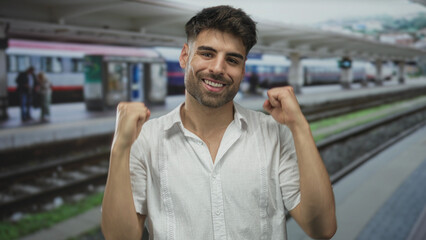 Man smiling and points finger to train on platform in station building; confidence determination ambition.