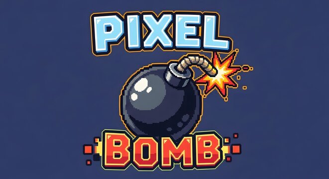 Pixel Bomb A Retro Arcade Game Title Card with a Cartoon Bomb Exploding