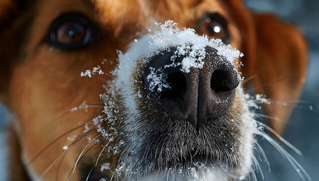 
Close-up of a dog's face covered in delicate snowflakes. Focus on the wet, black nose and expressive brown eyes. Winter, pets, cold weather, and adorable concepts.
