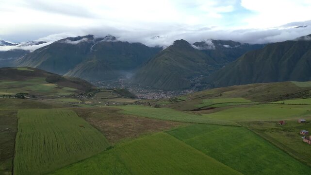 Drone aerial view of vibrant green agricultural fields with snow-capped mountains in the distance, Peru