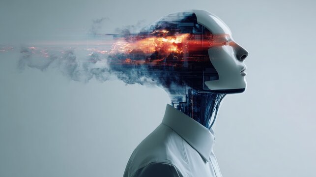 Robot head exploding with energy and data streams