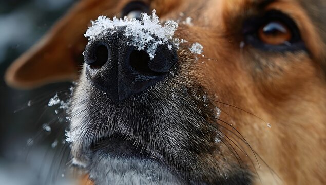 
Close-up of a dog's face covered in delicate snowflakes. Focus on the wet, black nose and expressive brown eyes. Winter, pets, cold weather, and adorable concepts.
