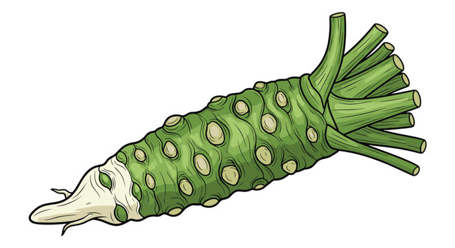 A fresh wasabi root, displaying its knobbly, light green exterior and a cluster of green stems at one end, a pungent ingredient in Japanese cuisine.