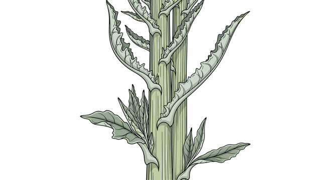 An elegant view of a cardoon plant stem, featuring its distinctive silvery-green, thistle-like leaves, prized for its edible stalks and artichoke flavor.