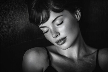 Naklejka premium black and white portrait of young woman relaxing in spa, serene monochrome beauty portrait in wellness spa, calm female face enjoying spa relaxation in black and white