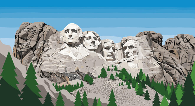 Iconic Mount Rushmore National Memorial featuring the carved faces of four U.S. Presidents amidst a scenic mountain landscape with pine trees.