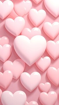 Soft pink hearts arranged on a pink background, creating a bubbly and loving aesthetic, appearing like rendered 3D graphics