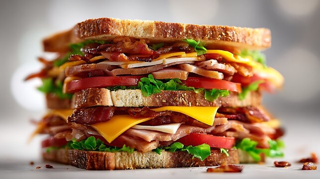 A large club sandwich with bacon, cheese, lettuce, and tomato on toasted bread