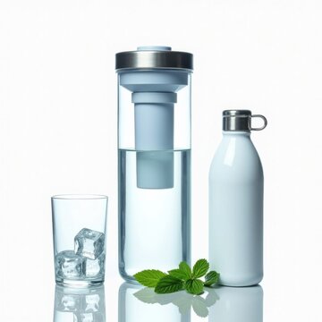 Clear glass water filter bottle with filter cartridge, white insulated water bottle, glass with ice cubes, and mint leaves. A transparent glass water filter bottle with a filter cartridge inside, posi