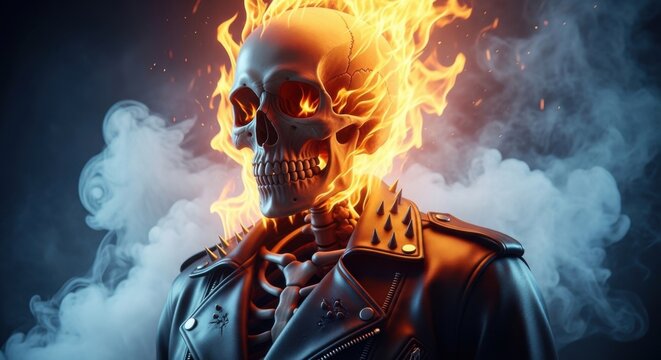Flaming Ghost Rider Skull Biker Character in Leather Jacket
