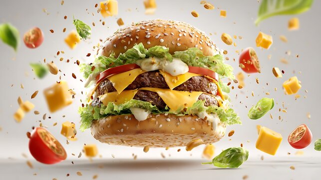 A juicy double cheeseburger with lettuce, tomato, and cheese flying through the air
