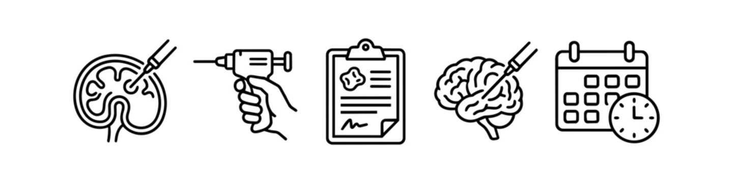 Neurosurgery Icon Set featuring Brain Biopsy, Surgical Drill, Medical Clipboard Report, Brain Procedure, and Appointment Scheduling Calendar for Neurology Healthcare and Medical Services