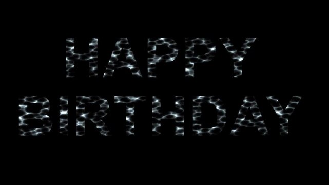 Happy Birthday text with caustic waves effect on plain black background