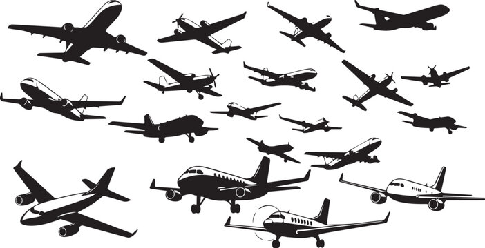 Collection of airplanes and helicopters in flight