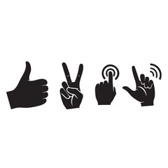 Obraz premium Set of black hand gesture icons: Thumbs up, Victory sign, and Touch screen gestures.