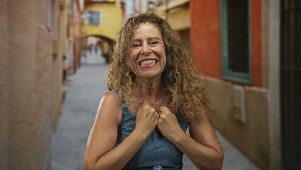 Fototapeta premium Woman clenches fists and smiles broadly while celebrating in a narrow old town street beneath an arch; joy triumph.