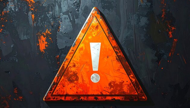 Orange triangle warning sign with exclamation point on dark textured background