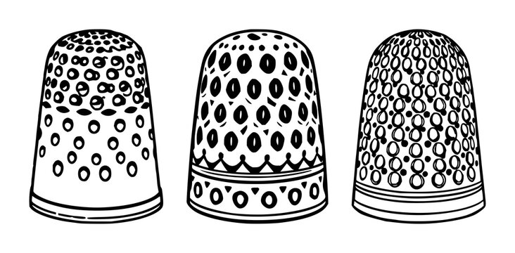 Metal thimble set with black line art metal pattern featuring sewing thimble, metal, black line art with minimalist and illustration