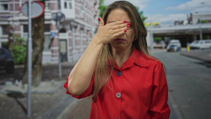 Fototapeta premium Woman shielding eyes with hand on urban street near brick building and parked cars while wearing red shirt; refusal.