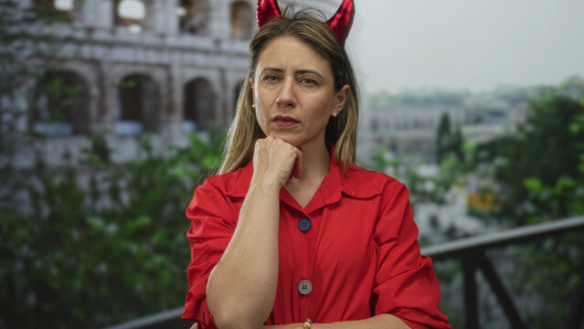 Blonde woman wearing devil horns with hand on chin in historic roman building; contemplation solitude.