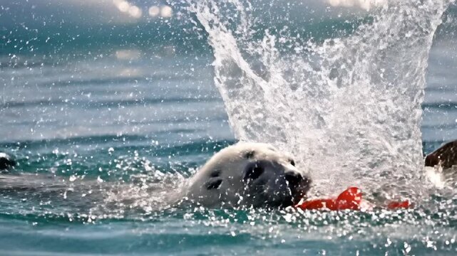 Two seals playfully interact in water with a floating orange object