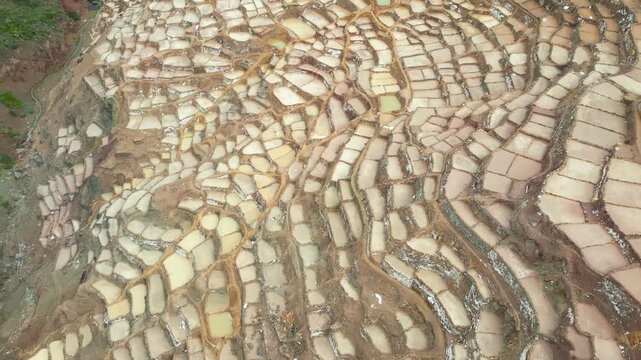 Drone perspective of the Maras salt mines near Cusco
