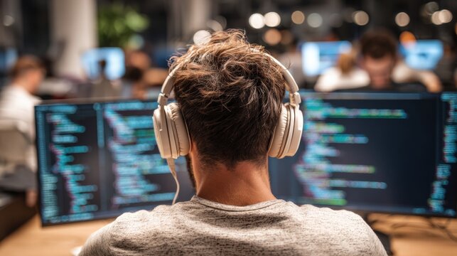 Programmer wearing headphones focuses on code on multiple computer screens