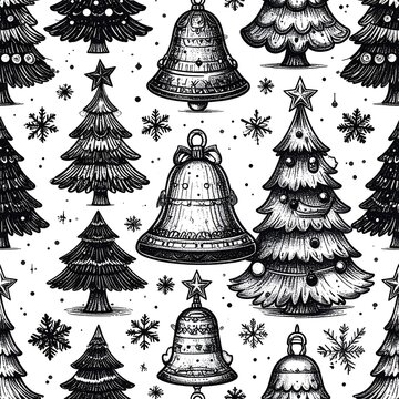 Christmas pattern trees, bells & snowflakes in grayscale