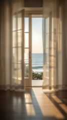 Fototapeta premium Generative Ai captures a tranquil ocean view through an open window with flowing curtains