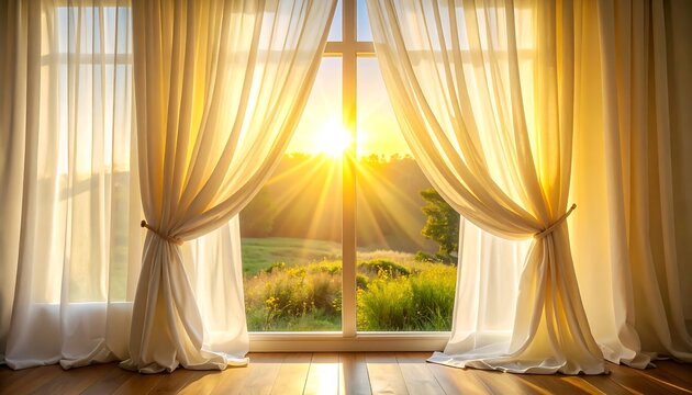 Sun bursts through open curtains in window overlooking grassy landscape