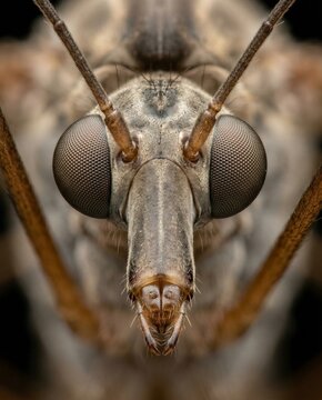Extreme macro portrait of the rostrum and compound eyes of a tipula