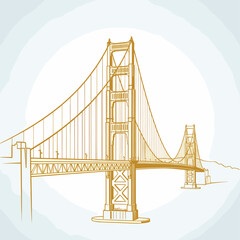 Fototapeta premium Detailed sepia-toned sketch illustration of a famous suspension bridge, reminiscent of the Golden Gate Bridge, with intricate architectural details and cables against a light background.