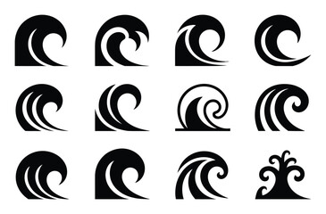 Fototapeta premium Collection of Stylized Black Wave on White Background