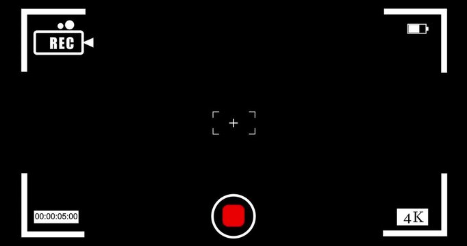 Video camera recorder screen overlay animation on a transparent background animation. Modern video recording camera screen frame of the 4k resolution