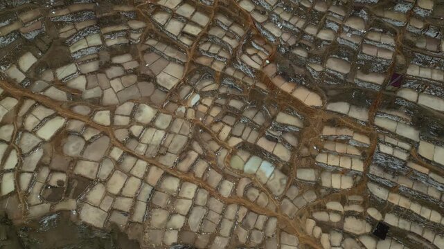 Aerial view of Maras salt mines near Cusco Peru with terraced salt pools in the Andes