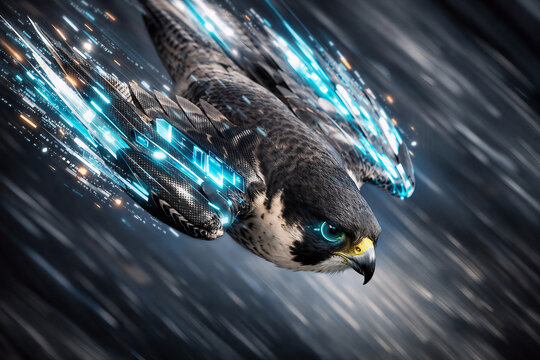 Futuristic falcon diving with glowing digital wings - Bio-digital futurism and high speed data concept