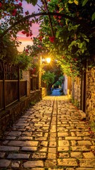 Obraz premium Charming Cobblestone Alleyway with Blooming Bougainvillea at Dusk