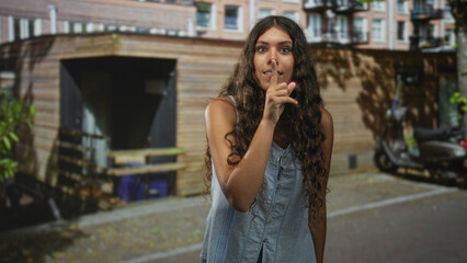 Fototapeta premium Hispanic teenage woman finger to lips for silence in street by wooden shed and parked scooter; playful secrecy.
