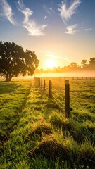 Fototapeta premium Serene Sunrise Over Misty Fields with Wooden Fence and Tree