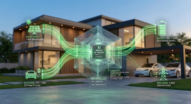 Modern home with AI energy optimizer interface showcasing solar battery storage EV charging and minimal grid usage for smart living